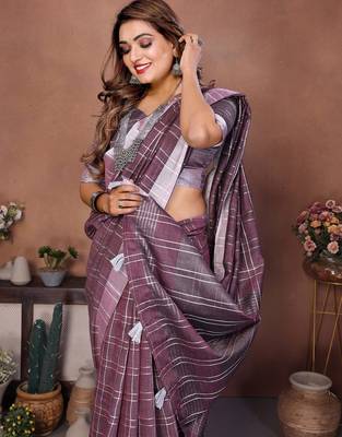 Purple color linen cotton silver zari border & weaving saree with un-stitched blouse 4