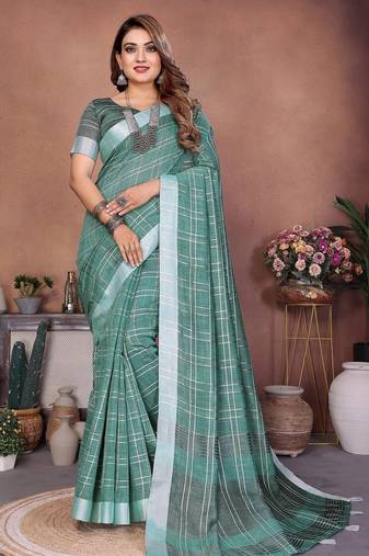 Sky color linen cotton silver zari border & weaving saree with un-stitched blouse
