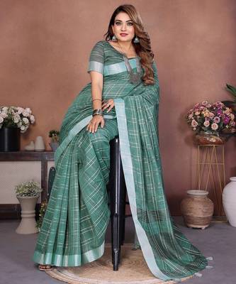 Sky color linen cotton silver zari border & weaving saree with un-stitched blouse 2
