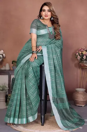 Sky color linen cotton silver zari border & weaving saree with un-stitched blouse