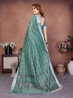 Sky color linen cotton silver zari border & weaving saree with un-stitched blouse 3