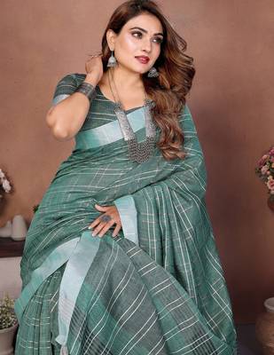 Sky color linen cotton silver zari border & weaving saree with un-stitched blouse 4