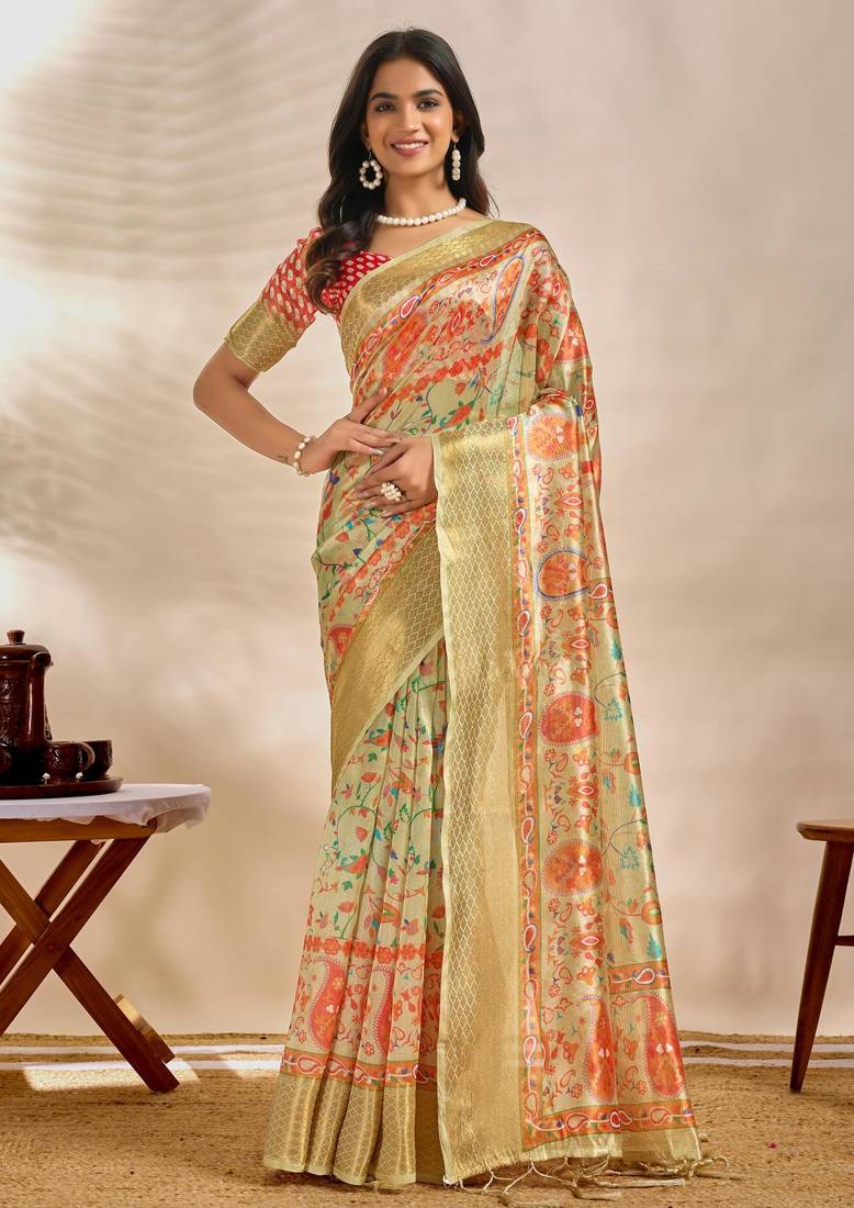 Lemon printed art silk designer pallu saree