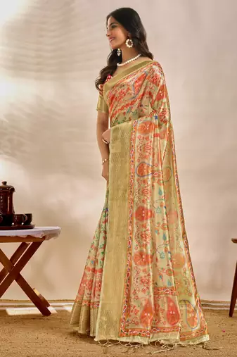 Lemon printed art silk designer pallu saree