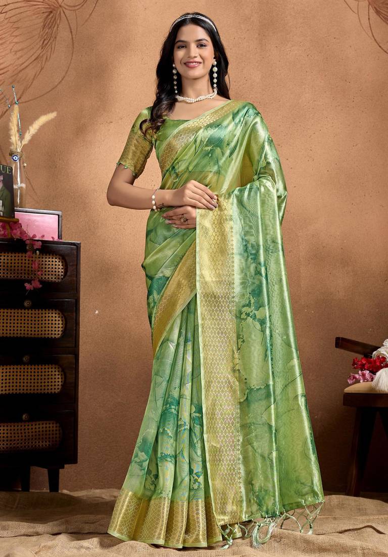 Green printed art silk designer pallu saree
