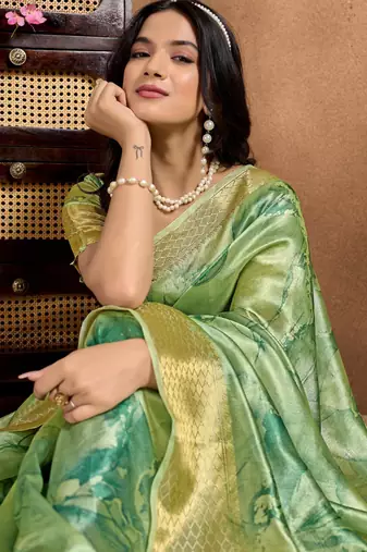 Green printed art silk designer pallu saree