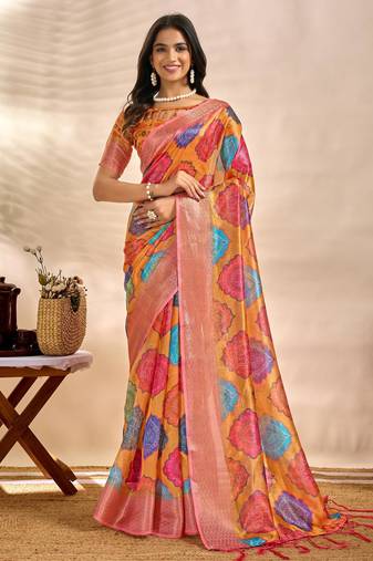 Orange printed art silk designer pallu saree