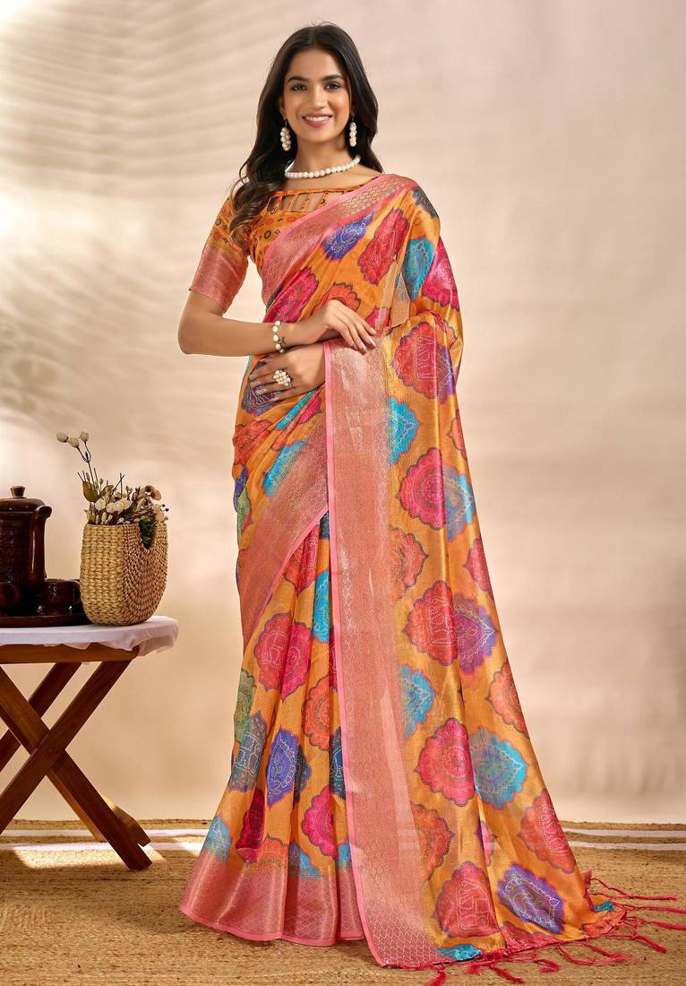 Orange printed art silk designer pallu saree