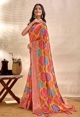 Orange printed art silk designer pallu saree 2