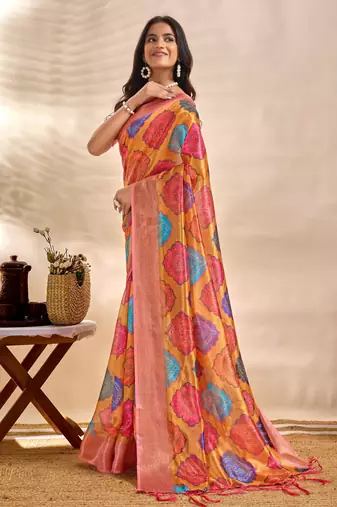 Orange printed art silk designer pallu saree