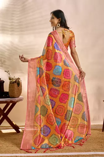 Orange printed art silk designer pallu saree
