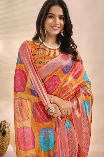 Orange printed art silk designer pallu saree