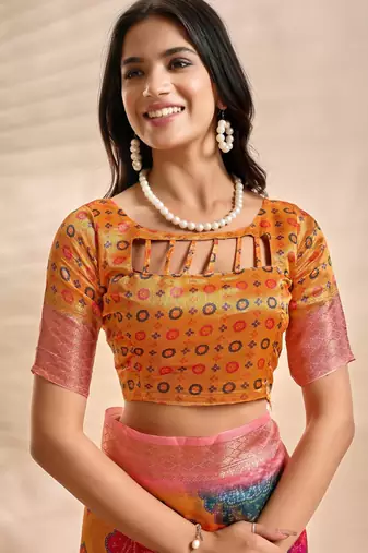 Orange printed art silk designer pallu saree