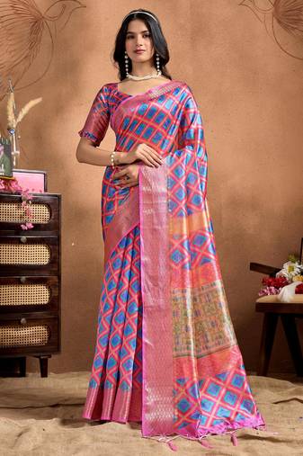 Pink printed art silk designer pallu saree