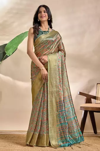 Green printed art silk designer pallu saree
