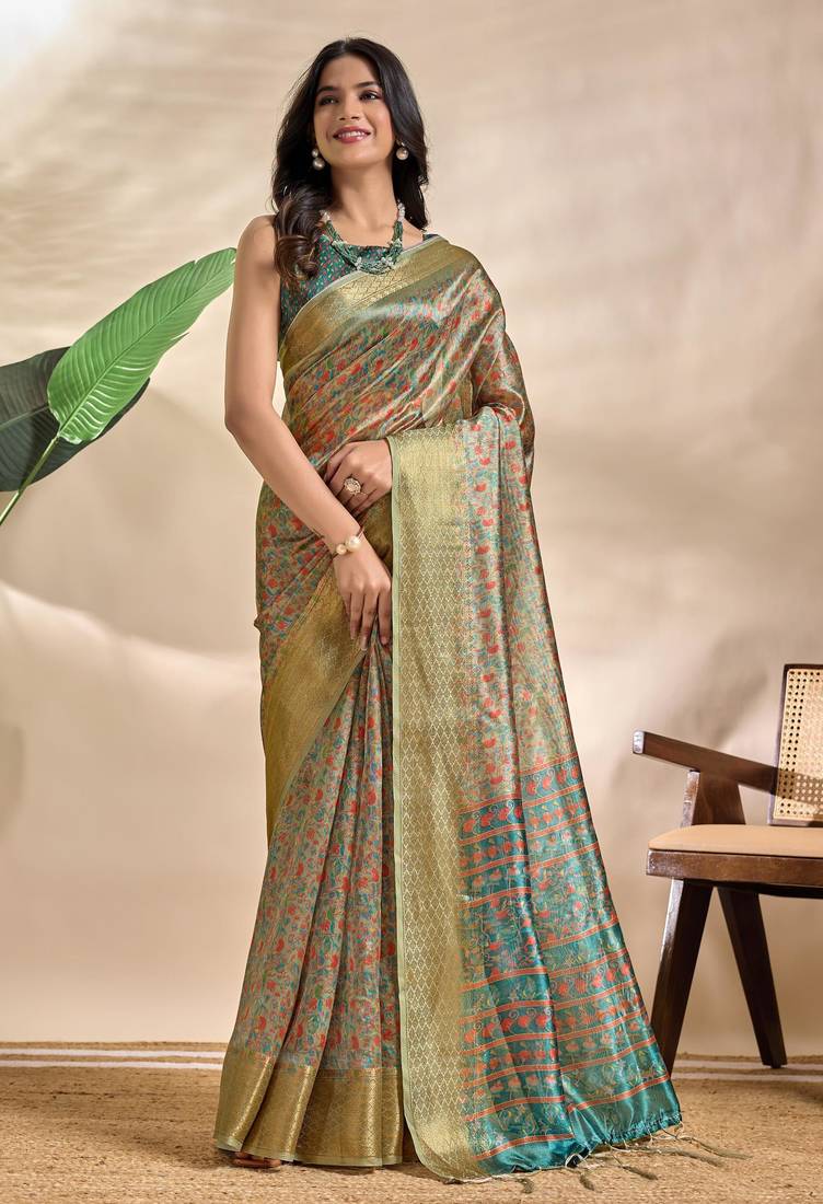 Green printed art silk designer pallu saree