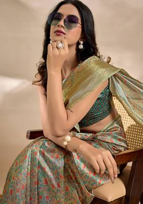 Green printed art silk designer pallu saree 4
