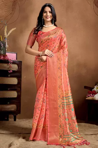 Orange printed art silk designer pallu saree