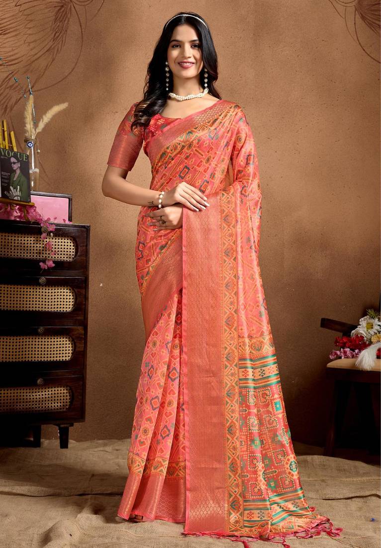 Orange printed art silk designer pallu saree