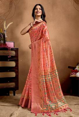 Orange printed art silk designer pallu saree 2