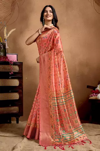 Orange printed art silk designer pallu saree