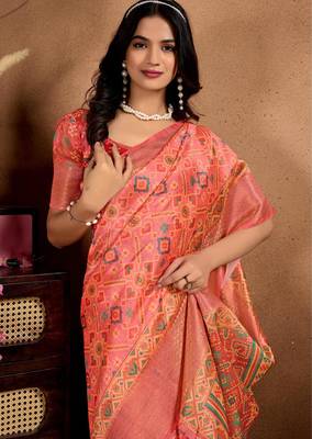 Orange printed art silk designer pallu saree 4