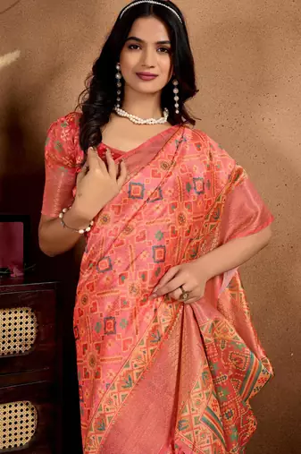 Orange printed art silk designer pallu saree