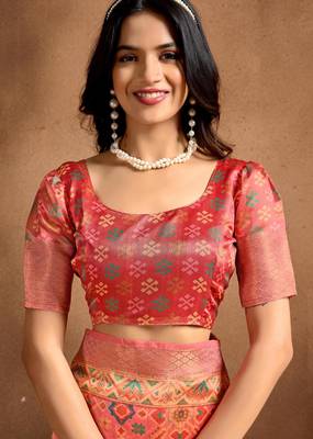 Orange printed art silk designer pallu saree 5