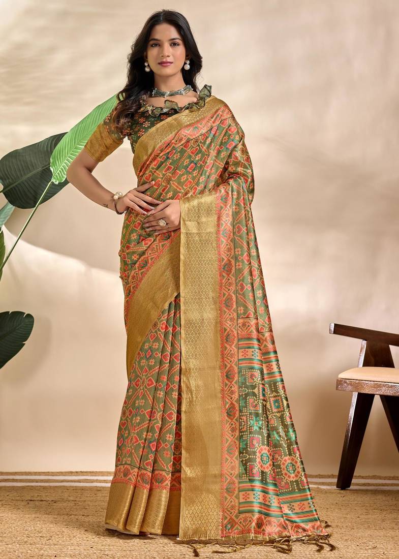 Green printed art silk designer pallu saree