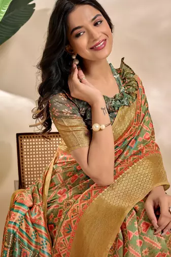 Green printed art silk designer pallu saree