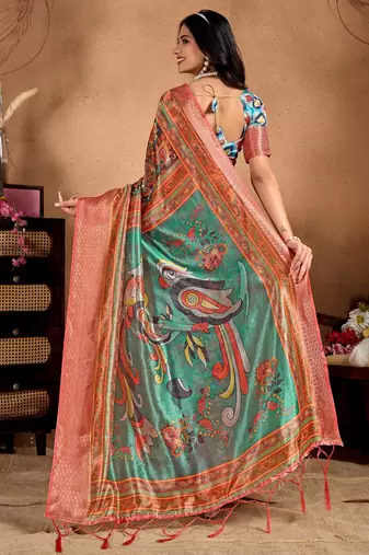 Orange printed art silk designer pallu saree
