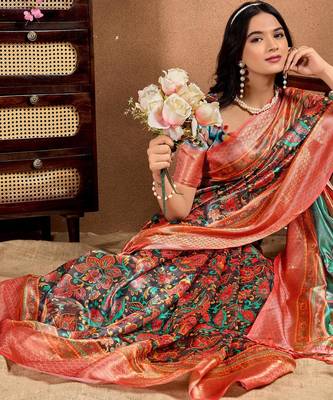 Orange printed art silk designer pallu saree 4
