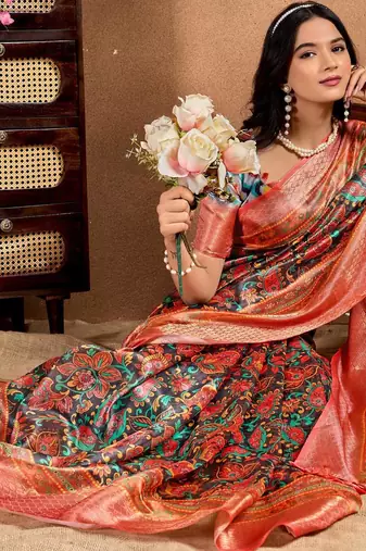 Orange printed art silk designer pallu saree