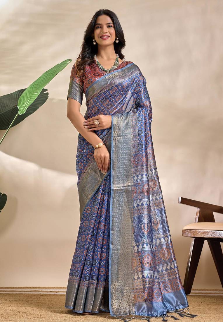 Royal blue printed art silk designer pallu saree