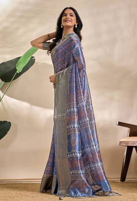 Royal blue printed art silk designer pallu saree 2