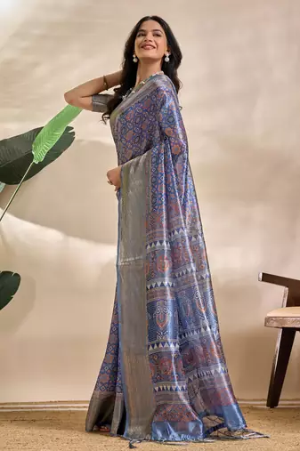 Royal blue printed art silk designer pallu saree