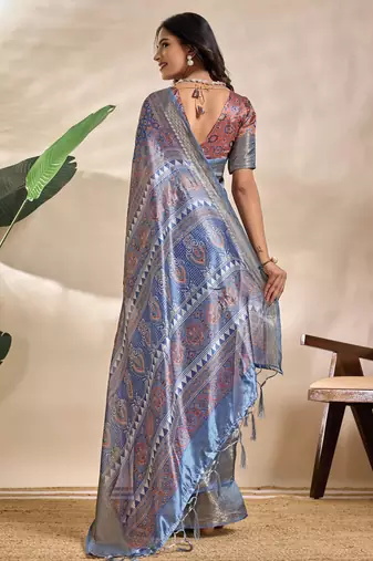 Royal blue printed art silk designer pallu saree