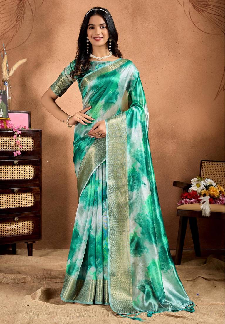 Green printed art silk designer pallu saree