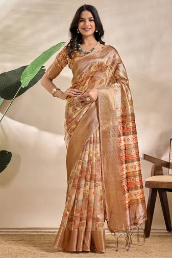 Golden printed art silk designer pallu saree