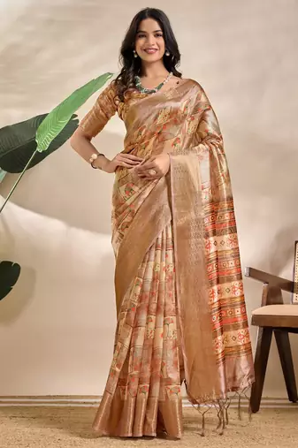 Golden printed art silk designer pallu saree