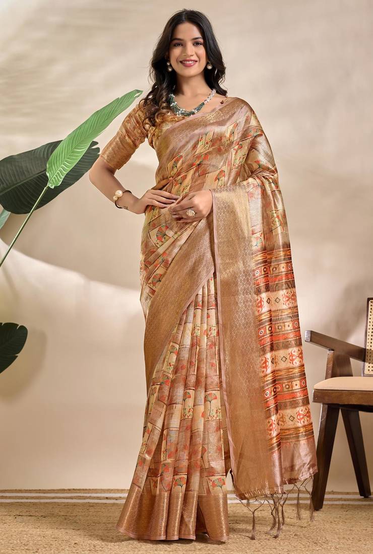 Golden printed art silk designer pallu saree