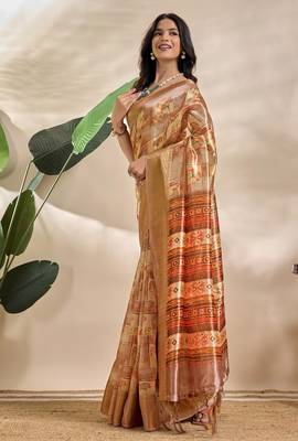 Golden printed art silk designer pallu saree 2