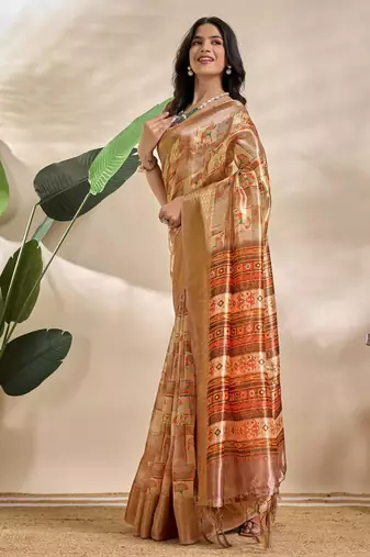 Golden printed art silk designer pallu saree