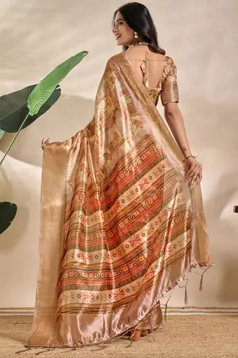 Golden printed art silk designer pallu saree