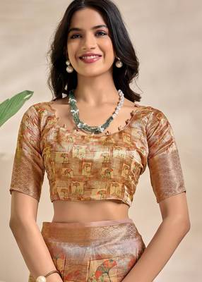 Golden printed art silk designer pallu saree 5