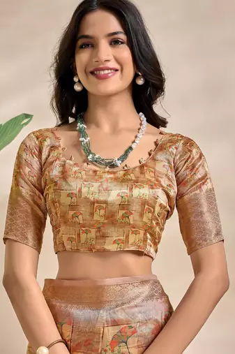 Golden printed art silk designer pallu saree