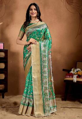 Green printed art silk designer pallu saree 1