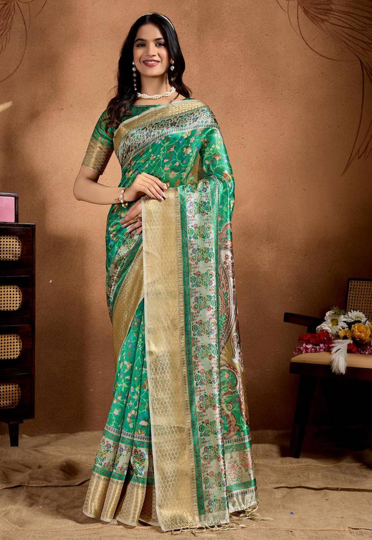 Green printed art silk designer pallu saree
