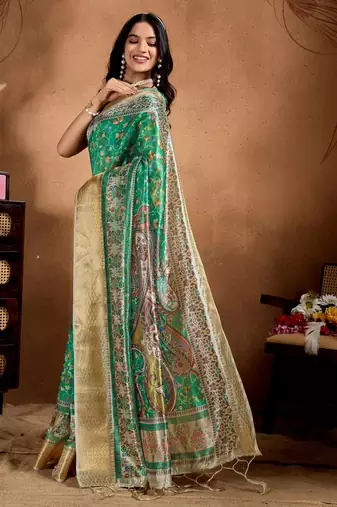 Green printed art silk designer pallu saree