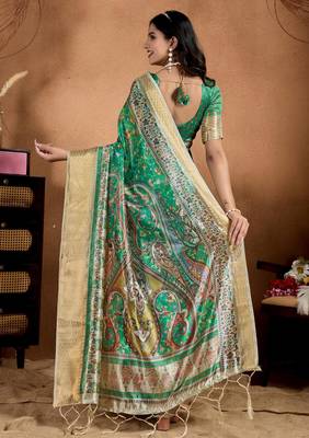 Green printed art silk designer pallu saree 3